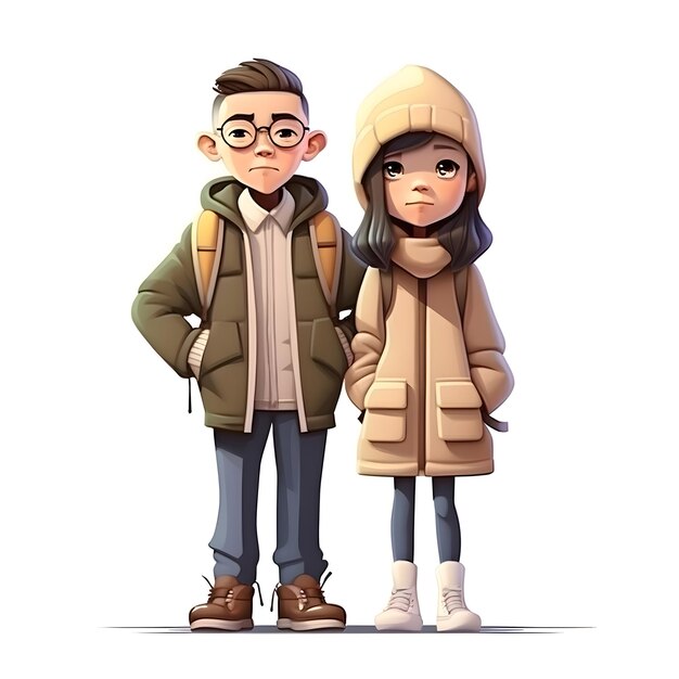Cute cartoon boy and girl in warm winter clothes Vector illustration