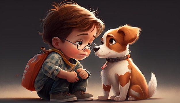 Cute Cartoon Boy and His Dog Generative AI