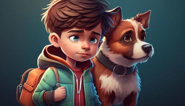 Cute Cartoon Boy and His Dog Generative AI