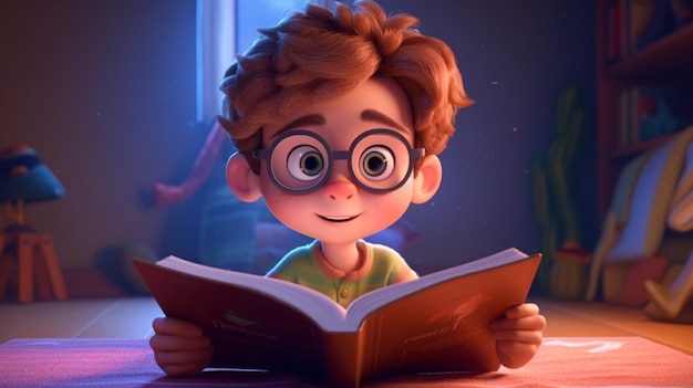 Cute cartoon boy reading a book Generative AI