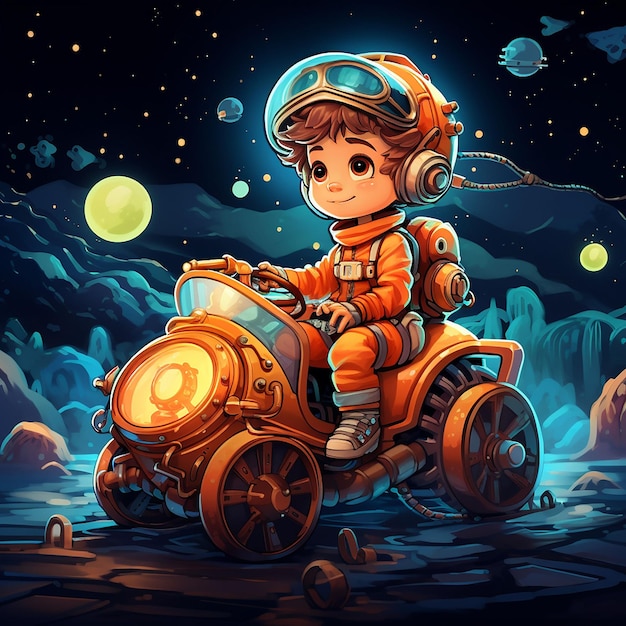 Cute cartoon boy in space suit and helmet on the background of the moon and stars