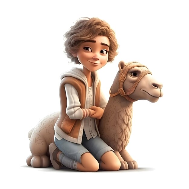 Photo cute cartoon boy with camel isolated on white background 3d rendering