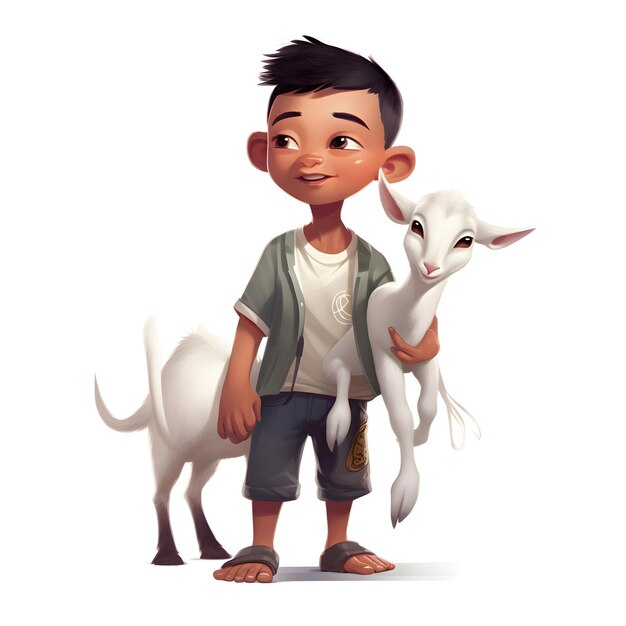 Photo cute cartoon boy with white goat isolated on white background