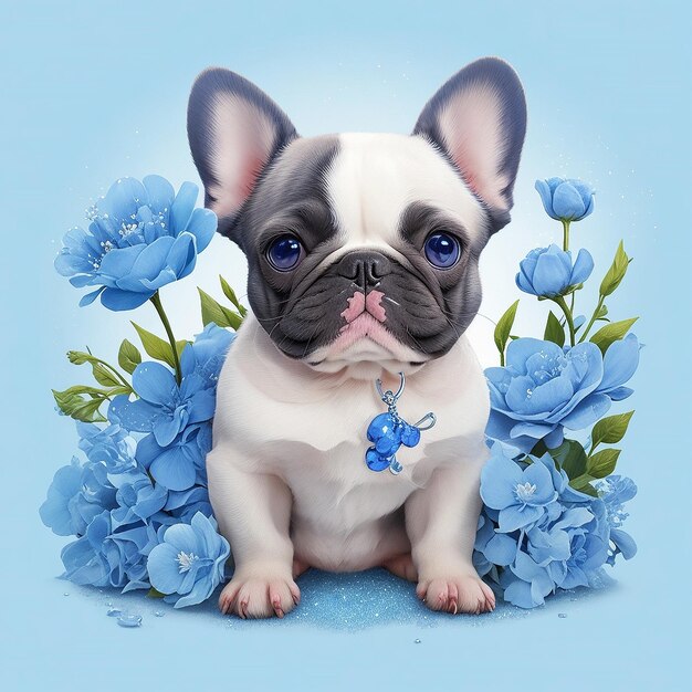 귀여운 만화 불독 파란색과 흰색 꽃을 들고