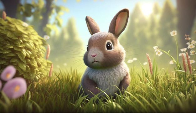 Cute Cartoon Bunny Rabbit in een weide Generatieve AI