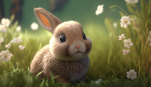 Cute Cartoon Bunny Rabbit in een weide Generatieve AI