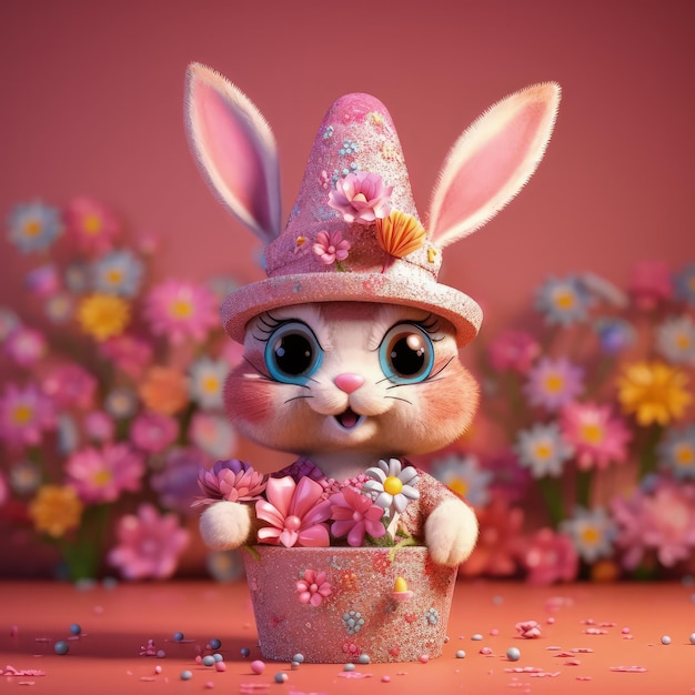 Cute Cartoon Bunny With Very Big Eyes In Holiday Cap A Pot Of Colorful Flowers Pink Glittery Glitter