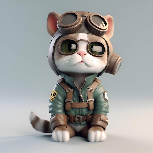 Милая мультфильмная кошка, одетая как пилот, 3D-иллюстрация