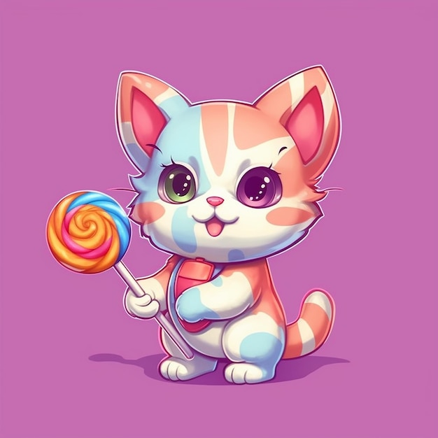 Photo cute cartoon cat holding a lollipop candy ai generative