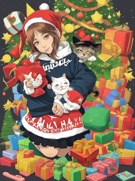 写真 装飾されたクリスマスツリーの近くのサンタの帽子をかぶった可愛い漫画の猫