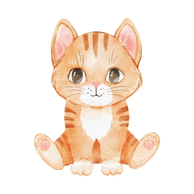 白い背景に孤立した可愛い漫画の猫 水彩のペットの子猫
