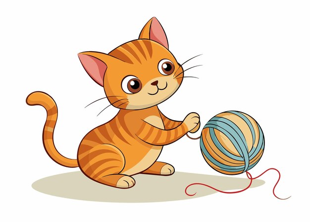 Cute cartoon cat playing with ball of yarn