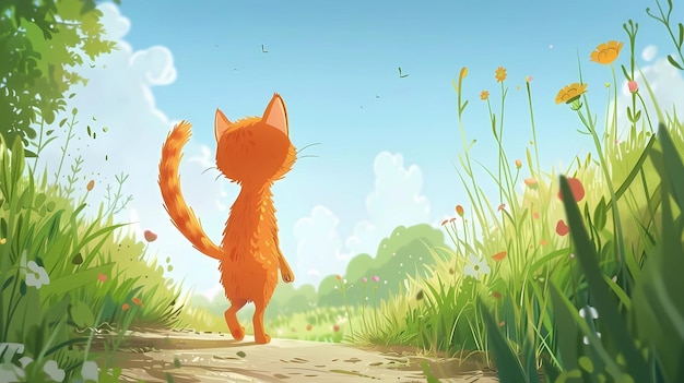 写真 草原を歩く可愛いアニメの猫 創造的なaiイラスト