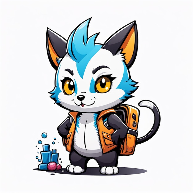 Cute cartoon cat with backpack and blue eyes Vector illustration