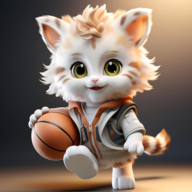 Cute cartoon cat with a basketball in his hands 3d rendering