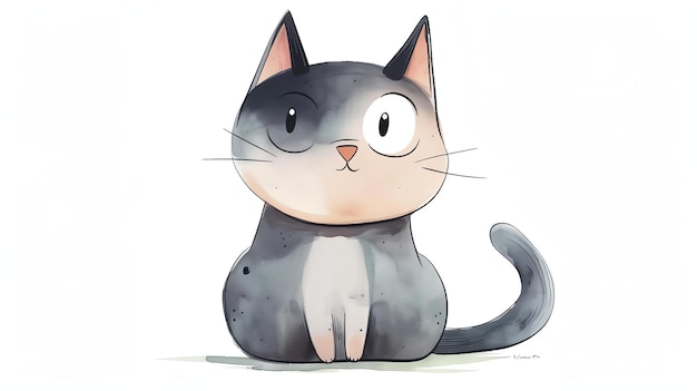 큰 눈과 털이 많은 리를 가진 귀여운 만화 고양이 고양이가 앉아서 호기심 넘치는 표정으로 시청자를 쳐다보고 있습니다.