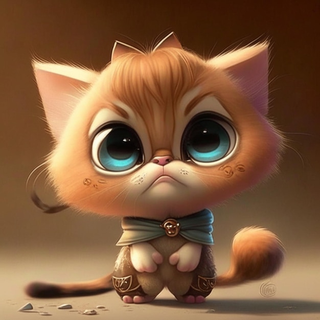 Cute cartoon cat with blue eyes sitting and looking at the camera