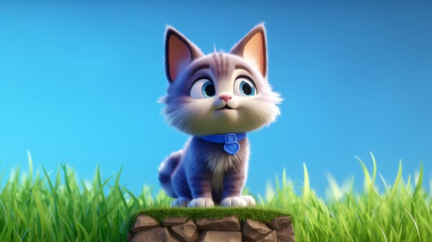 A cute cartoon cat with blue eyes stands on a mound 3D illustration Generative AI