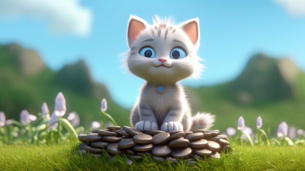 A cute cartoon cat with blue eyes stands on a mound 3D illustration Generative AI