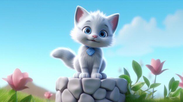 A cute cartoon cat with blue eyes stands on a mound 3d illustration generative ai