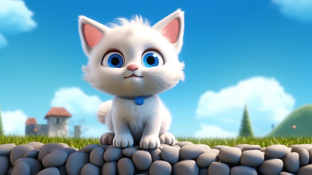 A cute cartoon cat with blue eyes stands on a mound 3d illustration generative ai