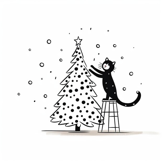 Photo cute cartoon cat with christmas tree on white background illustration for children