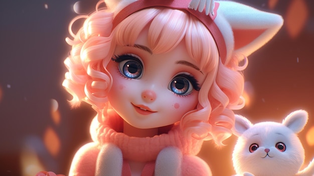 かわいい漫画のキャラクターの美しいモデルの女の子の 3 D イラスト