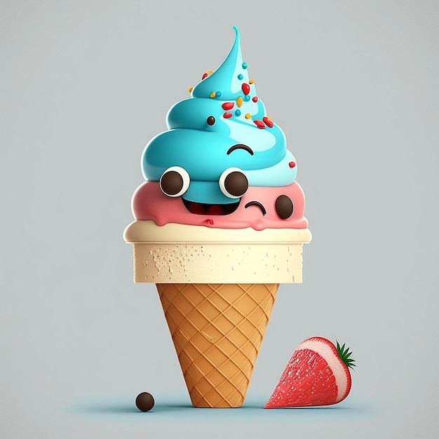 Cute Cartoon Character Cone Ice Cream By Generative AI