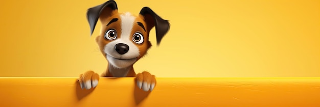Cute cartoon character dog puppy on a yellow isolated background with copy space