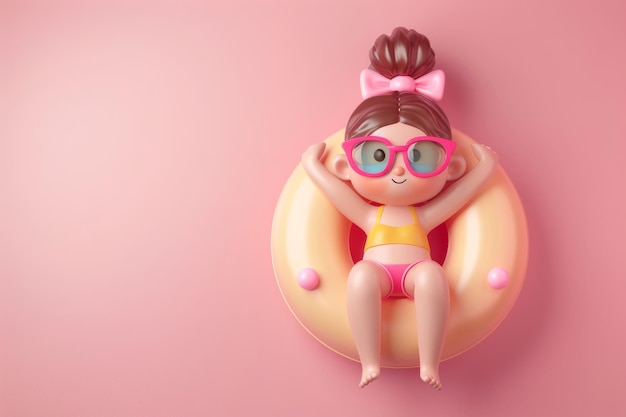 Cute cartoon character of a female relaxing with a rubber pool ring on vacation d render style