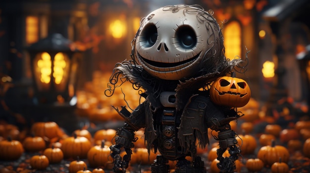 A cute cartoon character in Halloween costume with pumpkins in the background