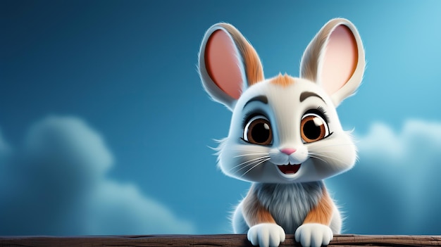 Foto simpatico personaggio dei cartoni animati coniglio coniglio felice su sfondo blu isolato con spazio di copia