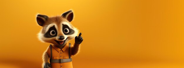 Cute cartoon character happy raccoon points paw at a copy space on an orange isolated background