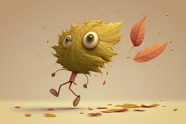 Cute cartoon character jumping from leaf to leaf in the wind