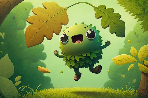 Cute cartoon character jumping from leaf to leaf with the background of green forest