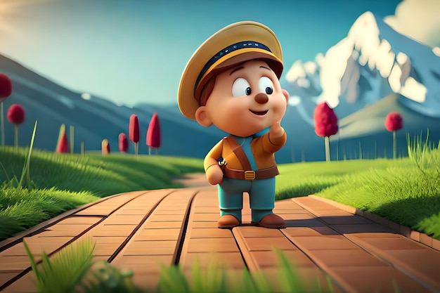 Photo cute cartoon character in mountain nature