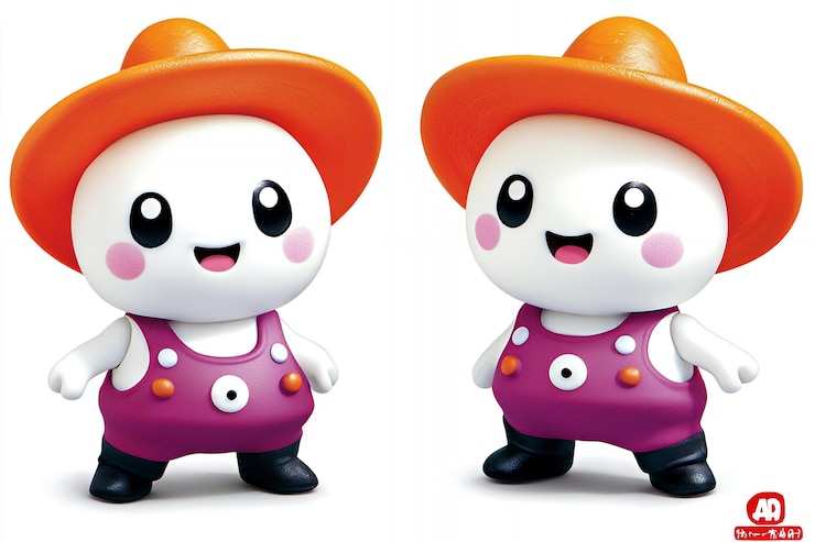 Photo オレンジの帽子とピンクのオーバーオールを着た可愛い漫画キャラクター