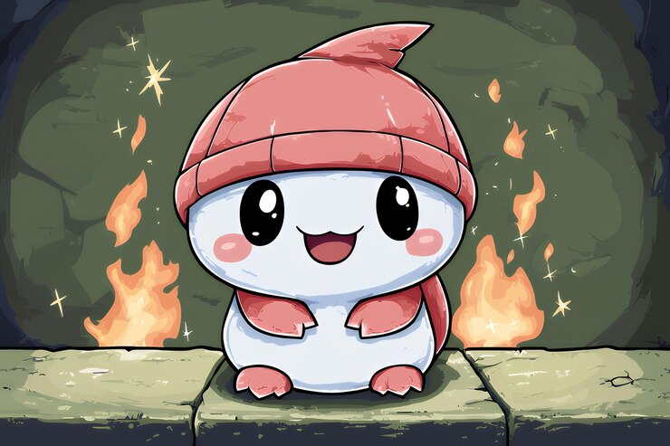 Photo cute cartoon character in a red hat by a fireplace