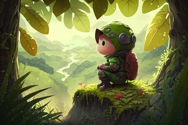 Cute cartoon character sitting on leaf and looking at the view of the forest