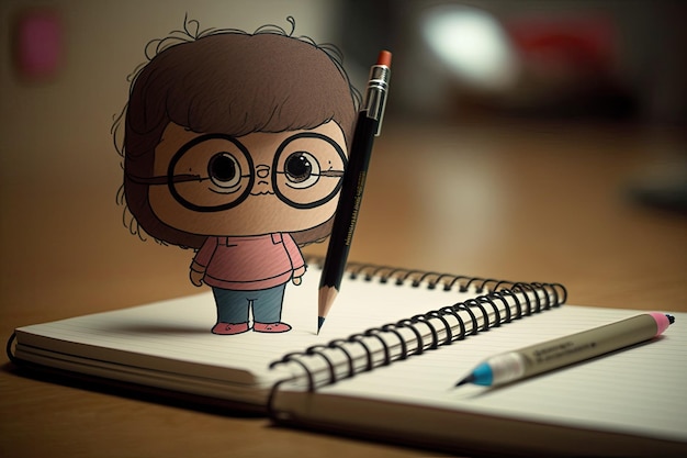 Foto simpatico personaggio dei cartoni animati che schizza su un blocco note con la matita in mano