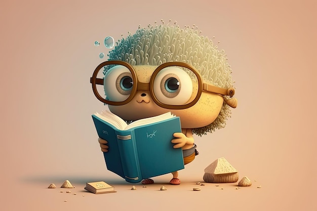 Cute cartoon character with book in hand reading and learning new things