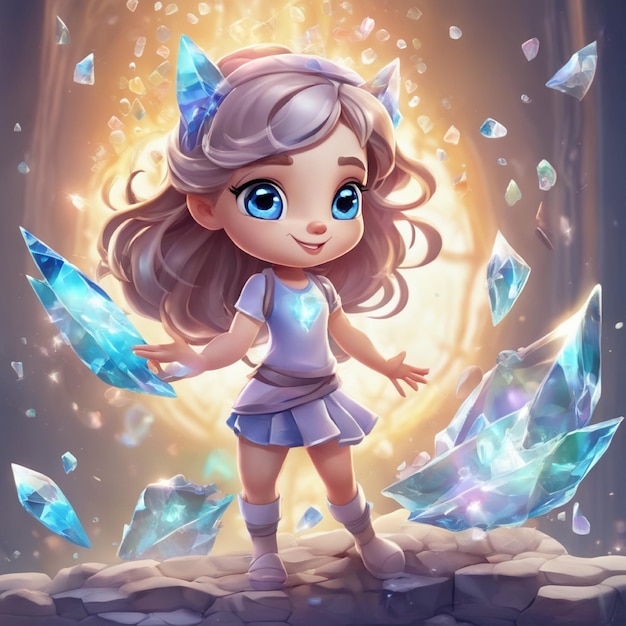 a cute cartoon character with different expressions and poses broken with glass effect 796