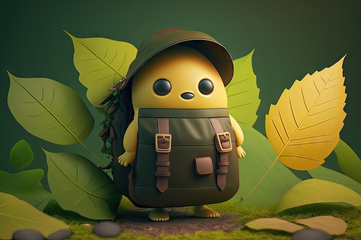 Photo cute cartoon character with leaf backpack ready for adventure