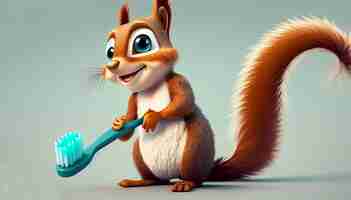 Photo cute cartoon characterr squirrel holding toothbrush copy space