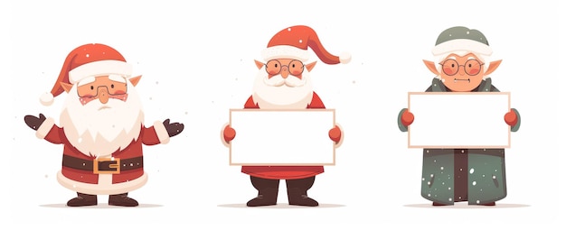 cute cartoon characters of santa claus and an elf holding blank signs