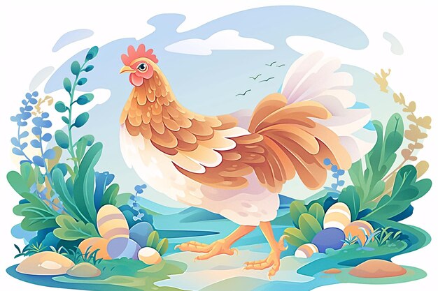 Photo cute cartoon chicken illustration chicken laying egg scene illustration