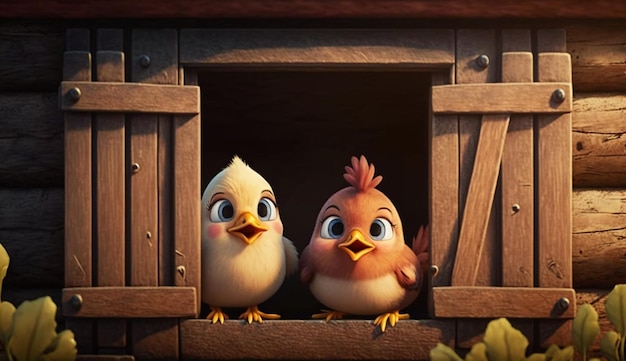 Cute Cartoon Chickens in a Chicken Coop Generative AI