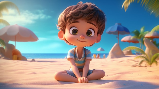 Cute cartoon child on the beach in summer Generative AI