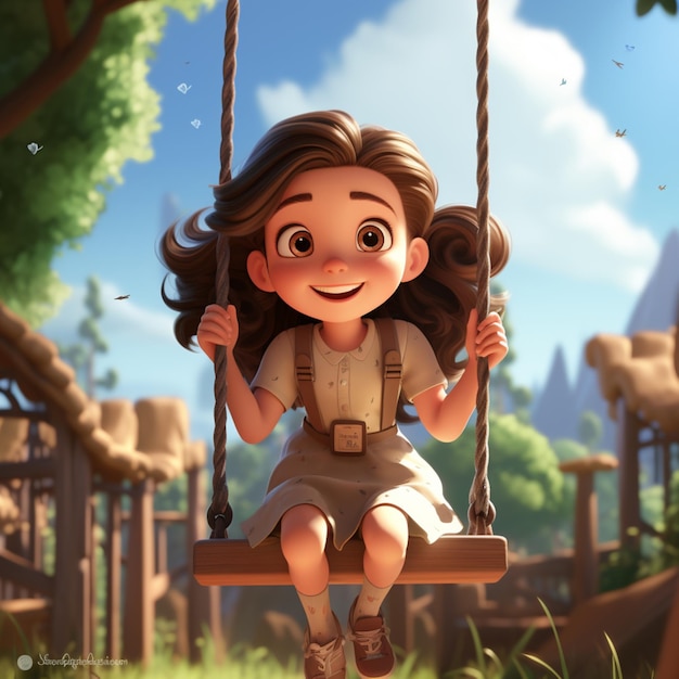 Cute cartoon child having Fun in a swing