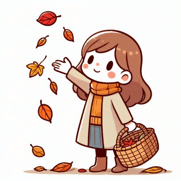 Photo cute cartoon child with autumn leaves on white background ai